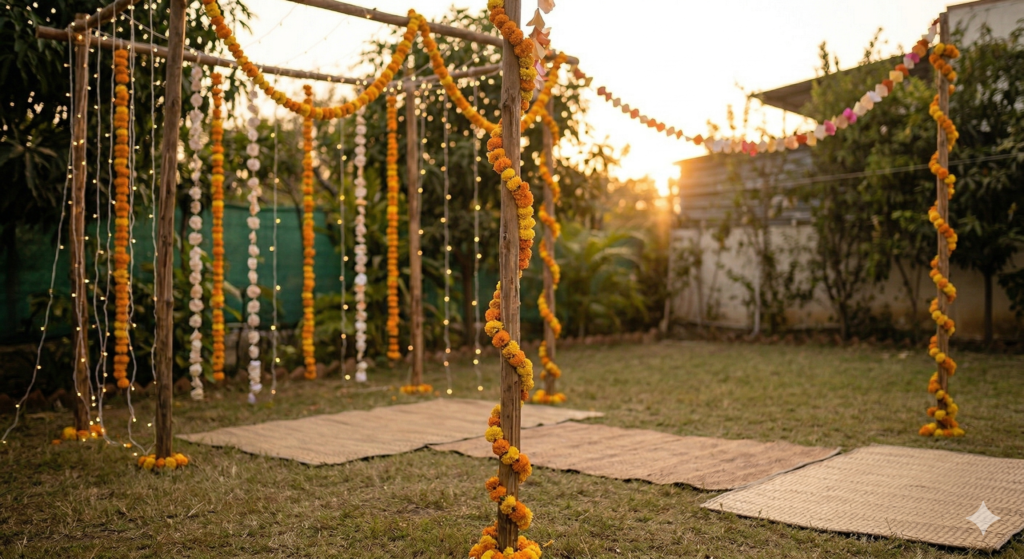 An atmospheric outdoor backyard wedding venue decorated with warm fairy lights and locally sourced marigold strings draped over a rustic wooden structure.