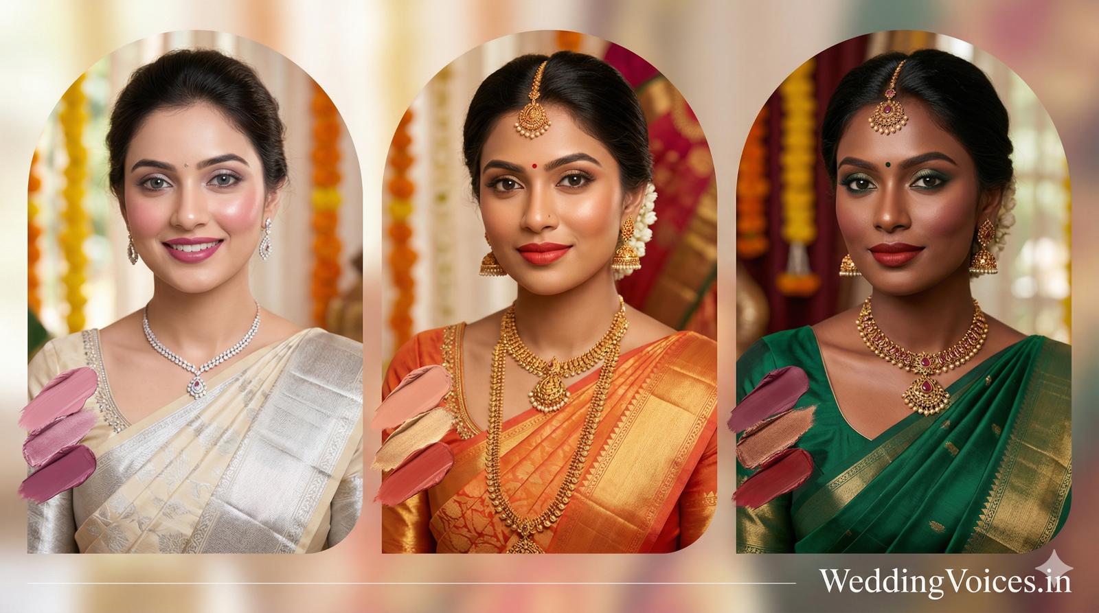 A collage of three Indian brides with fair, medium, and deep skin tones showcasing perfect foundation matching, flattering makeup shades, and complementary jewelry for different undertones.