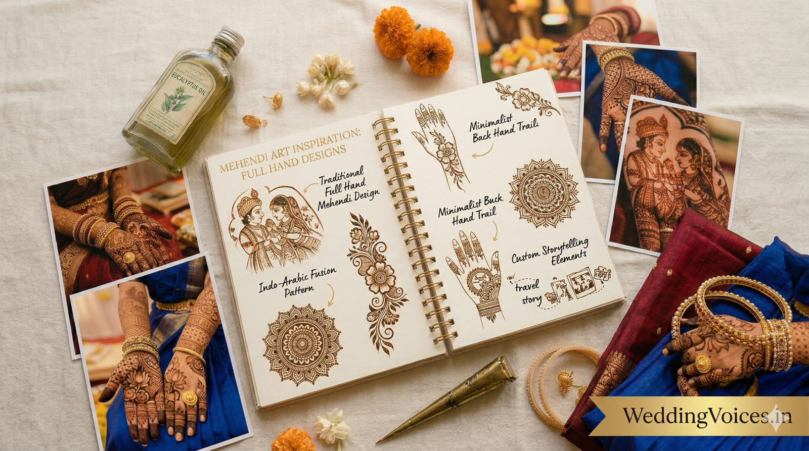 A flat lay mood board for bridal mehendi inspiration featuring an open notebook with full hand henna design sketches, surrounded by printed photos of Indian brides, a traditional metal henna cone, eucalyptus oil, marigold flowers, and the WeddingVoices.in logo.