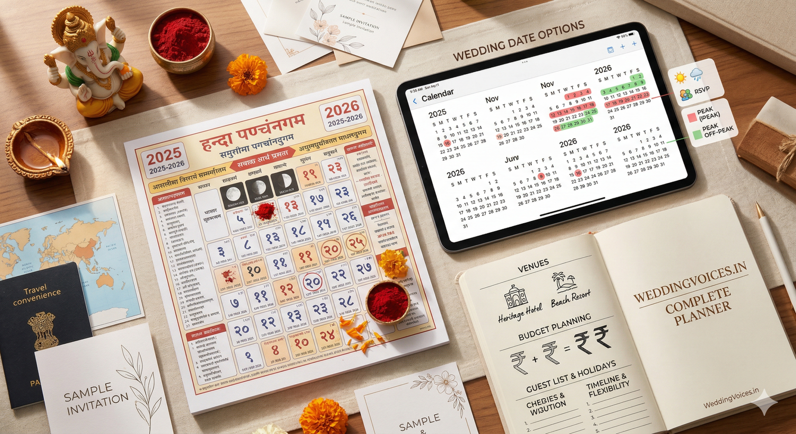 Flat lay composition showing a 2025-2026 Hindu Panchangam calendar, a digital tablet with scheduling, a wedding planner notebook, a Ganesha idol, and passports, illustrating the balance of tradition and logistics.