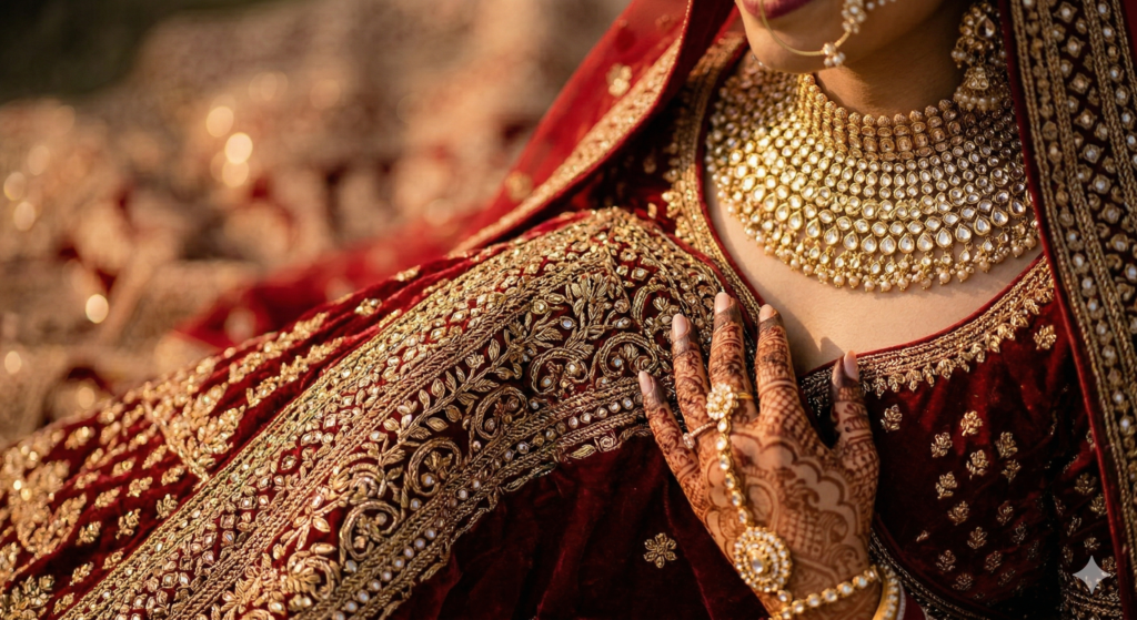 Close-up of heavy zardozi embroidery on a red bridal lehenga with gold kundan jewelry and intricate mehendi designs.