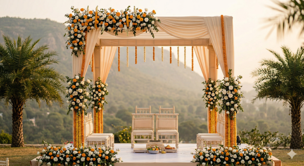 Beautifully decorated outdoor wedding mandap with white and orange floral arrangements overlooking scenic rolling hills.