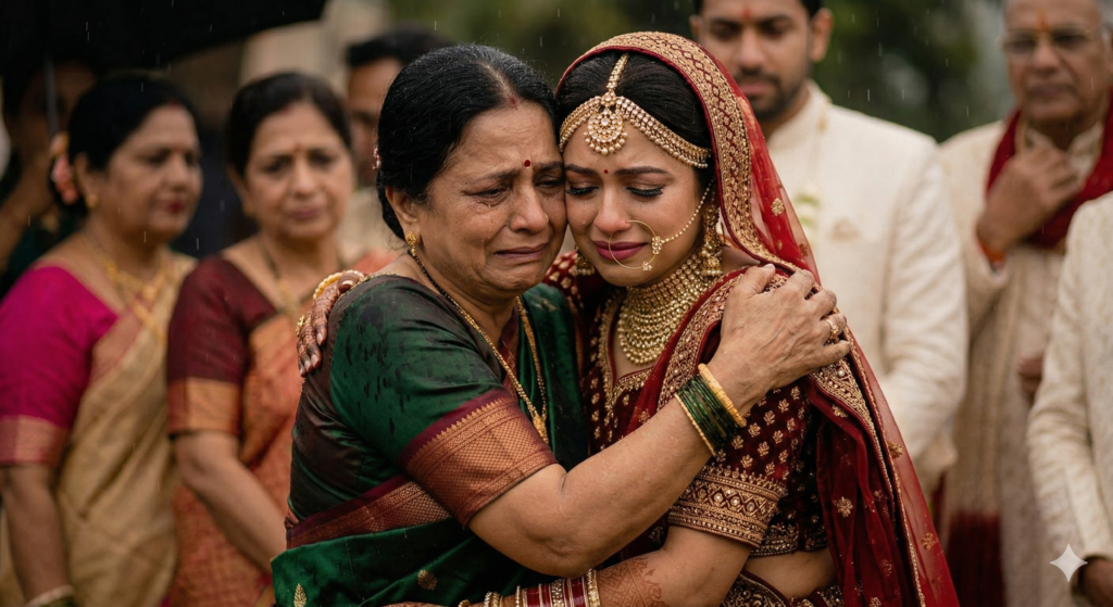 Tearful Indian bride in traditional wedding attire hugging her mother during the Vidaai post-wedding farewell ritual.