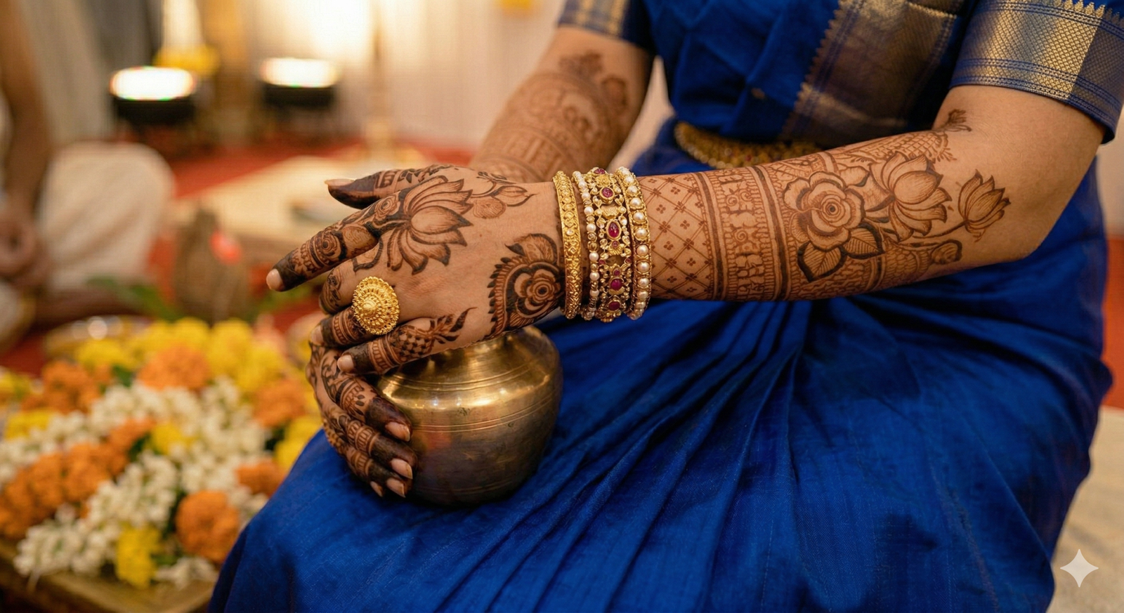Close up documentary photograph of a South Indian bride's hands and forearms adorned with exquisite floral mehendi designs featuring shaded lotus flowers and roses, wearing traditional gold temple bangles and a blue Kanchipuram silk saree. Her dark brown henna stain extends to the elbows.