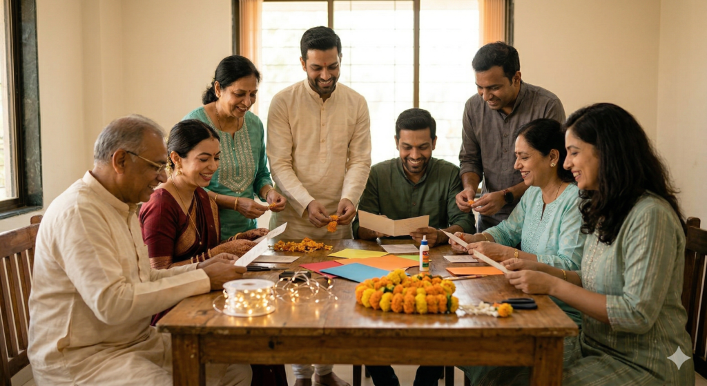A close-knit family and friends gathered around a wooden table, laughing and working together to assemble simple paper invitations and DIY wedding decorations.