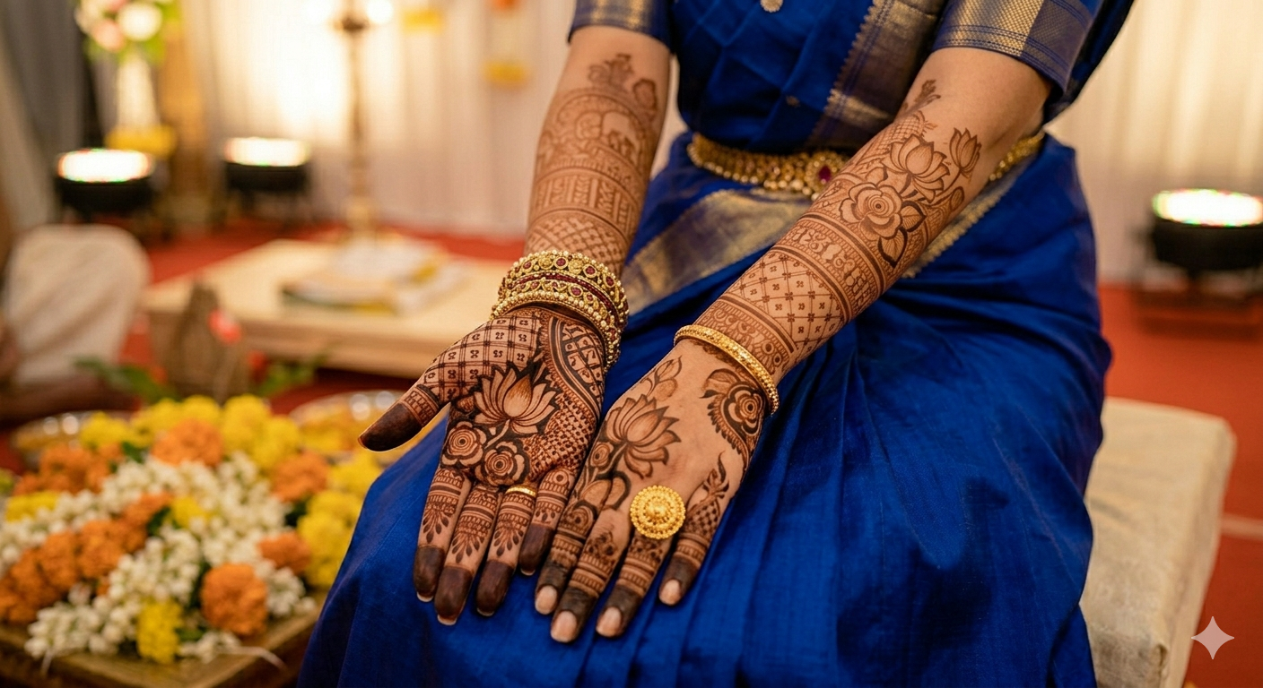 A bride's hands showcasing an Indo-Arabic fusion mehendi pattern with bold floral vines, lotus motifs, and delicate jaali work, demonstrating strategic negative space for high contrast against a royal blue silk saree.