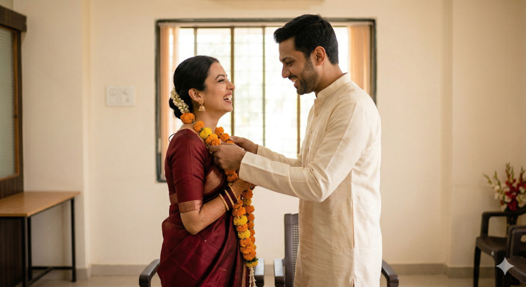 Happy Indian couple exchanging marigold garlands during a registered marriage ceremony in a simple office setting, illustrating a joy-filled budget wedding.
