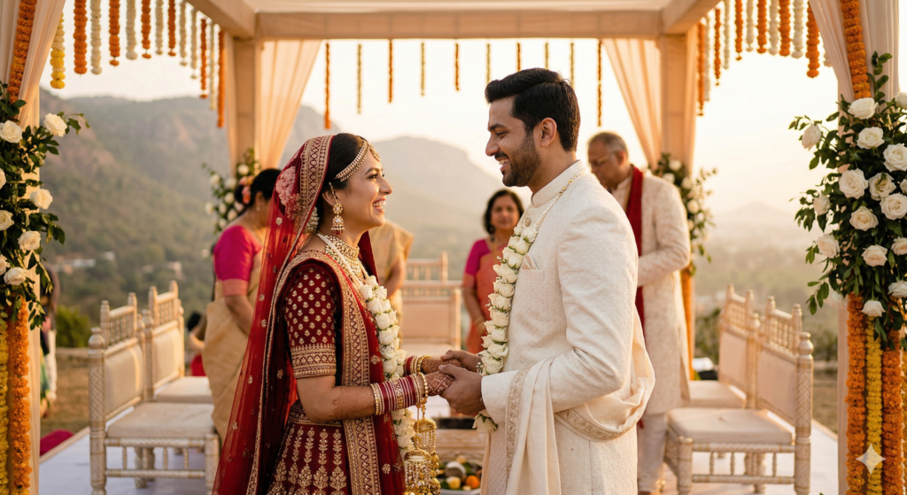 Happy Indian bride in red lehenga and groom in ivory sherwani holding hands during the pheras ritual at an outdoor wedding.