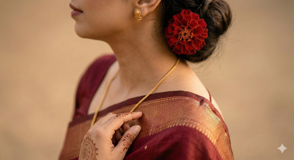 Editorial close-up of a bride wearing a simple Kanjeevaram silk saree with minimal gold jewelry and a single marigold flower in her soft bun hairstyle.