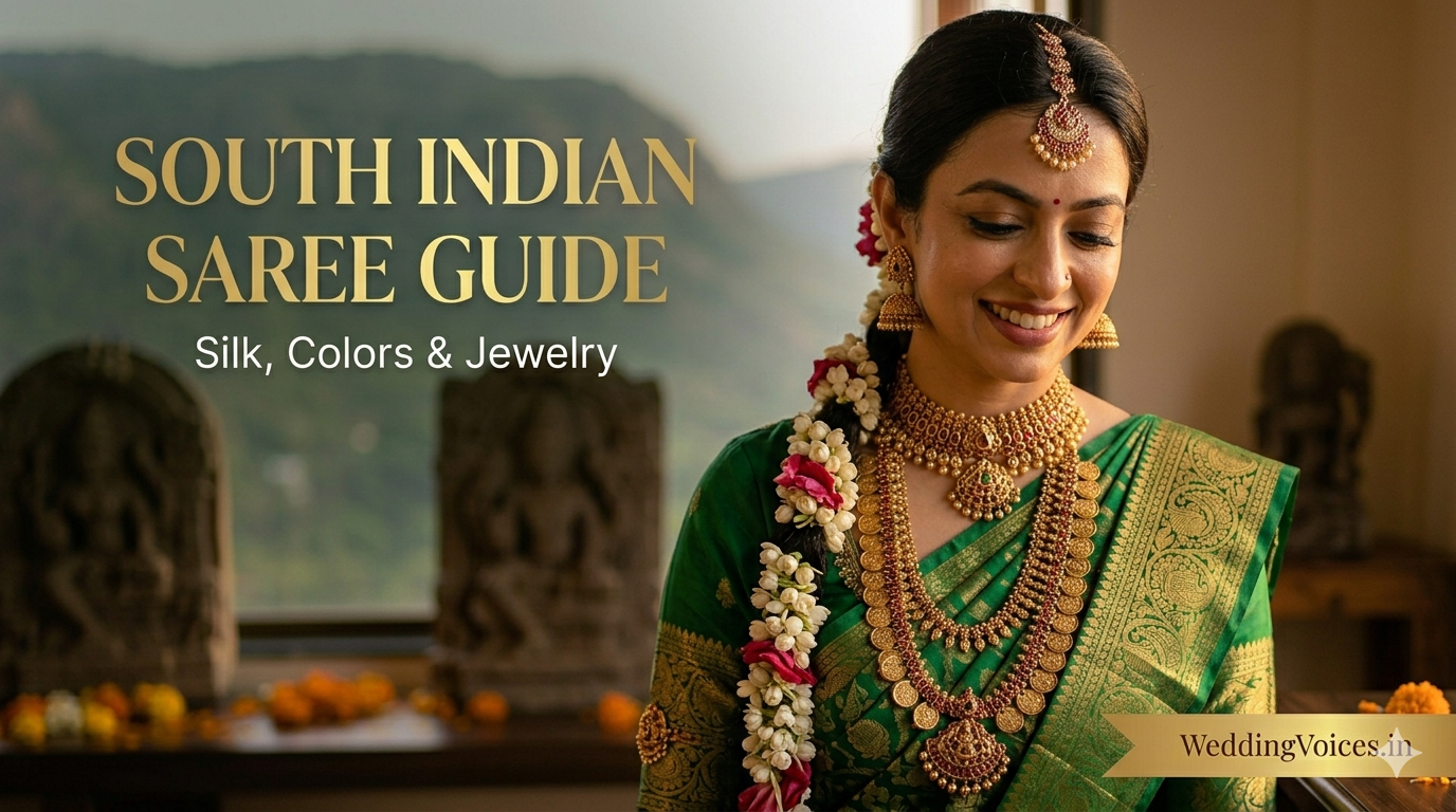 A smiling South Indian bride wearing an emerald green silk saree with golden zari, layered traditional gold temple jewelry, and a jasmine floral braid, with the text "South Indian Saree Guide" overlay.