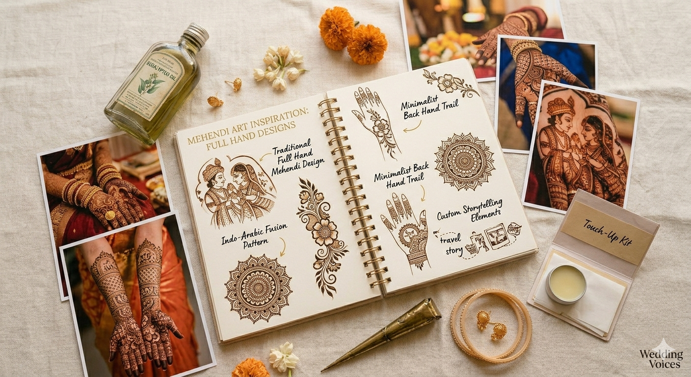 Close-up of a bride's hands featuring symmetrical mandala bridal mehendi and floral jaali patterns, showing a perfectly circular henna design formed when palms are joined together over a silk saree.