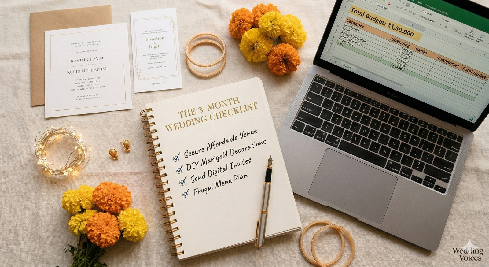 An organized flat lay composition featuring an open checklist notebook, a laptop displaying a budget spreadsheet, simple invitation samples, marigolds, and fairy lights.