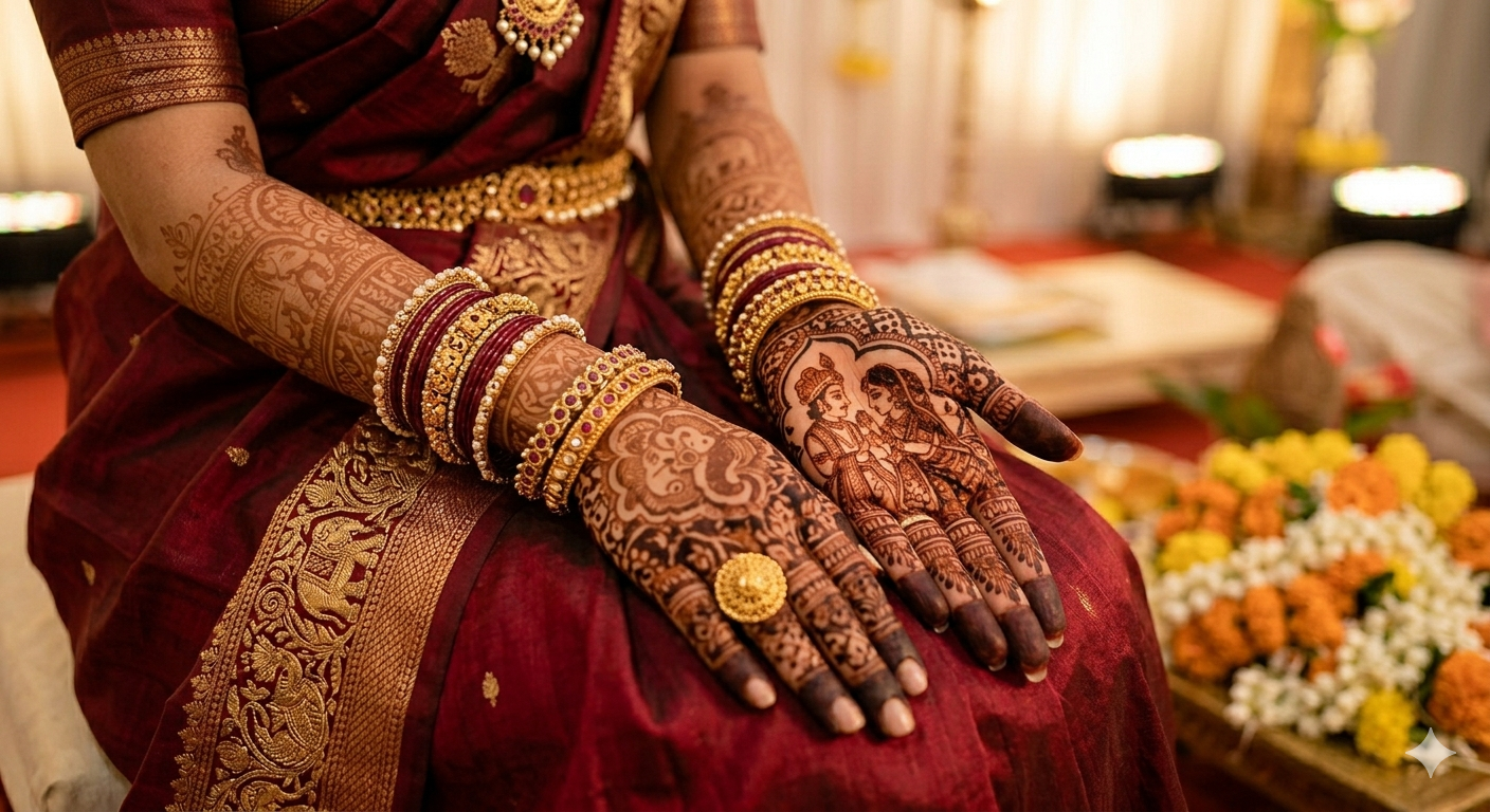 Close up of an Indian bride's hands adorned with dense, traditional full hand mehendi featuring intricate Raja and Rani motifs, paired with a rich crimson silk saree and antique gold bangles.