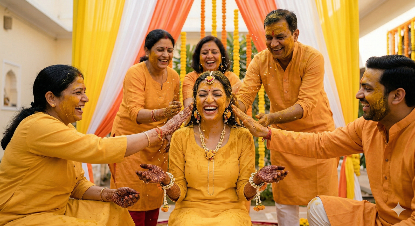 Indian bride laughing with her family while being applied with turmeric paste during a colorful Haldi pre-wedding ceremony.