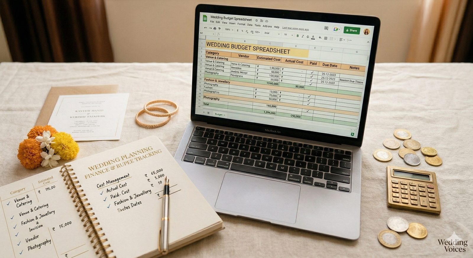 Flat lay composition of a laptop displaying a wedding budget spreadsheet, alongside a financial planning notebook, a calculator, Indian rupees, gold bangles, and marigold flowers.