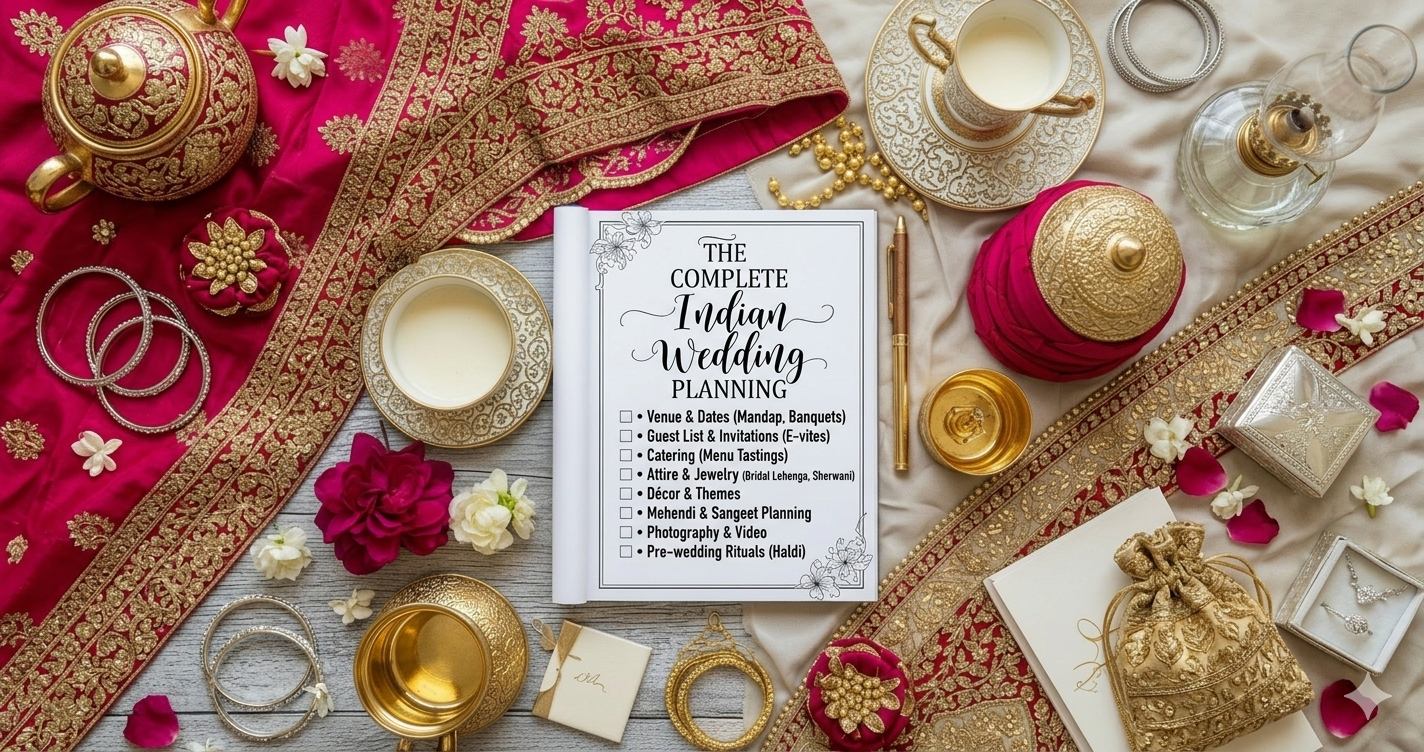A comprehensive Indian wedding planning checklist for brides surrounded by traditional gold jewelry, red bridal fabric, and jasmine flowers.